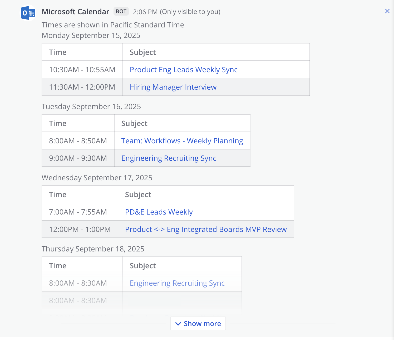 Example of a direct message from the Microsoft Calendar bot in Mattermost.