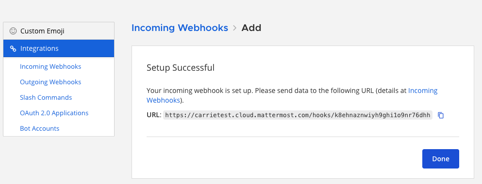 Dialog box showing the incoming webhook URL.