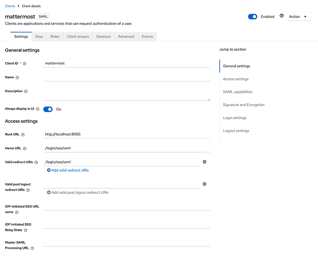 In Keycloak, create the Mattermost client, specify the Client ID and Client Protocol, then save your changes.