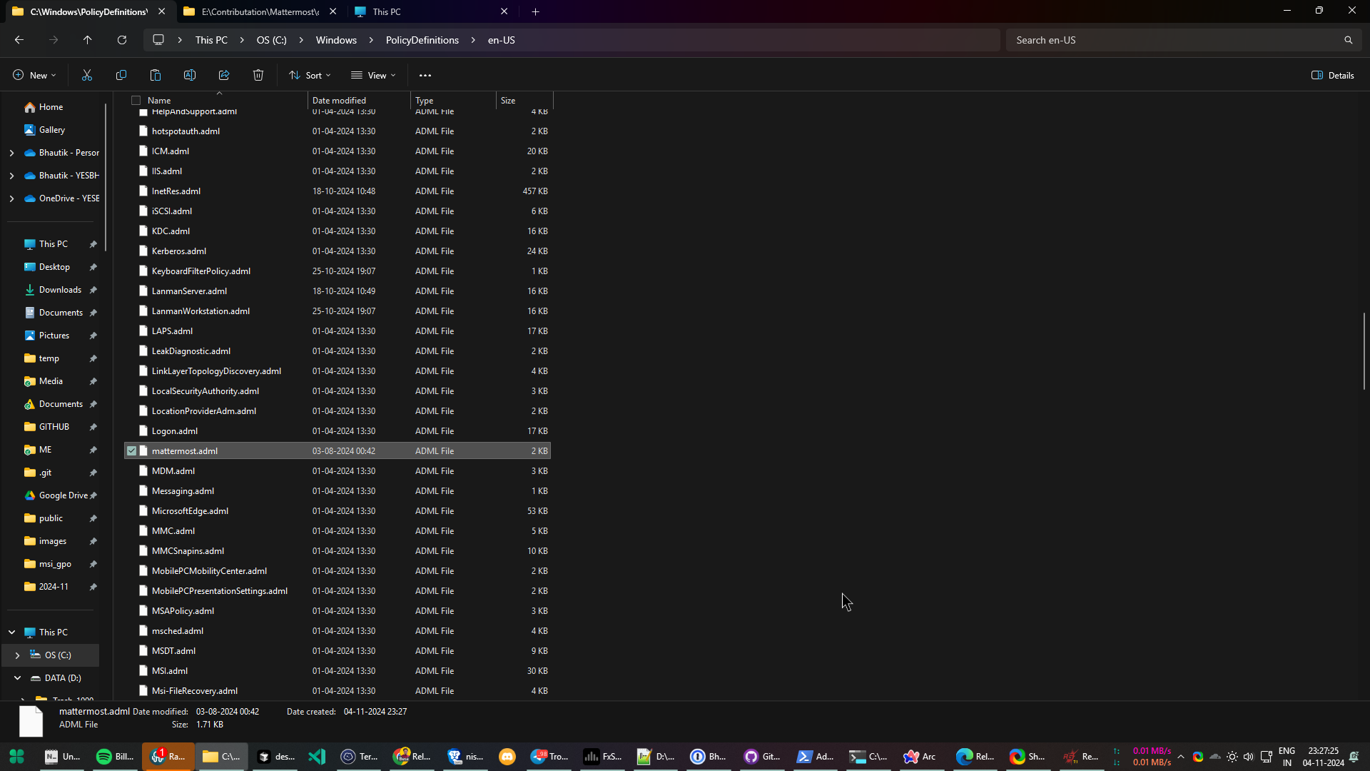 Verify the mattermost.adml file is present in the Windows\PolicyDefinitions\en-US directory.