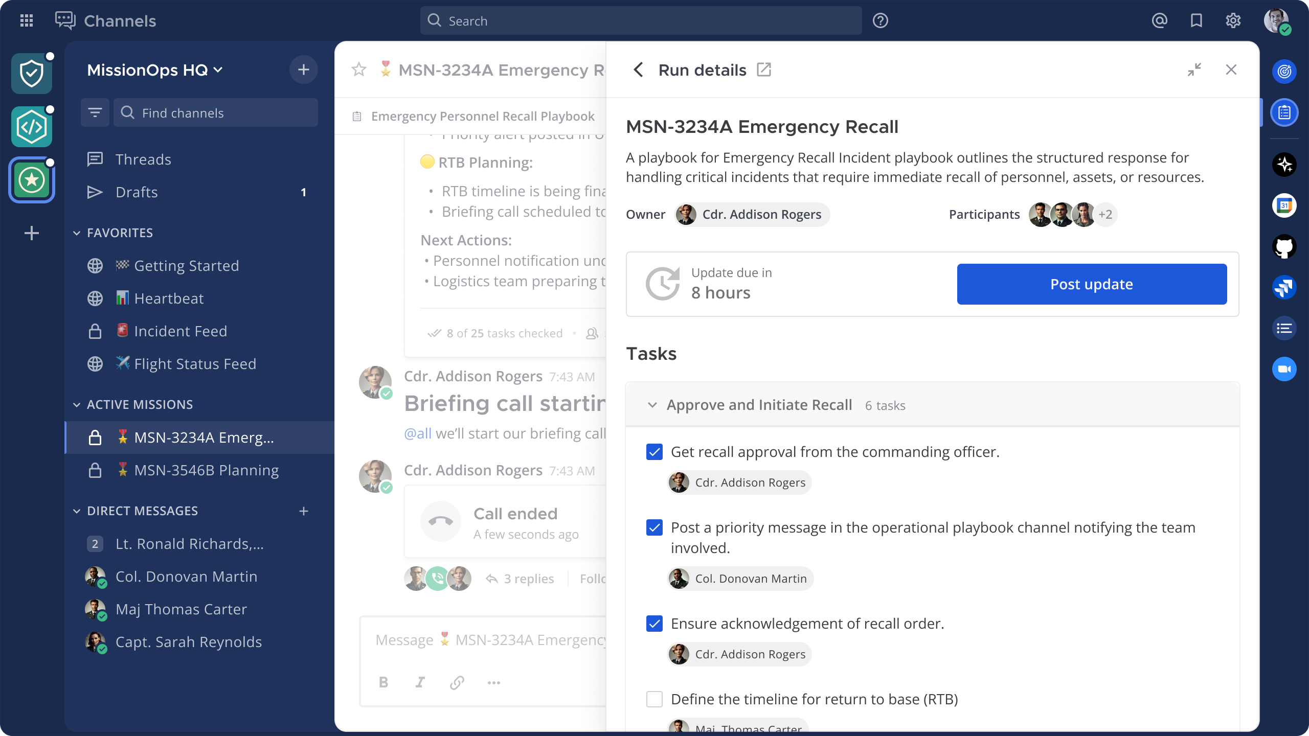 An image showing Mattermost playbooks, highlighting the ability to create structured checklists with tasks and due dates, automate status updates, and track metrics for operational workflows.