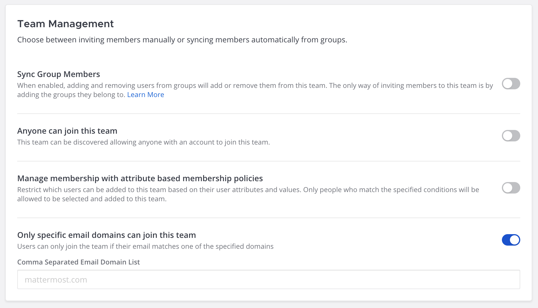 Enable Only specific email domains can join this team option for a team using the System Console.